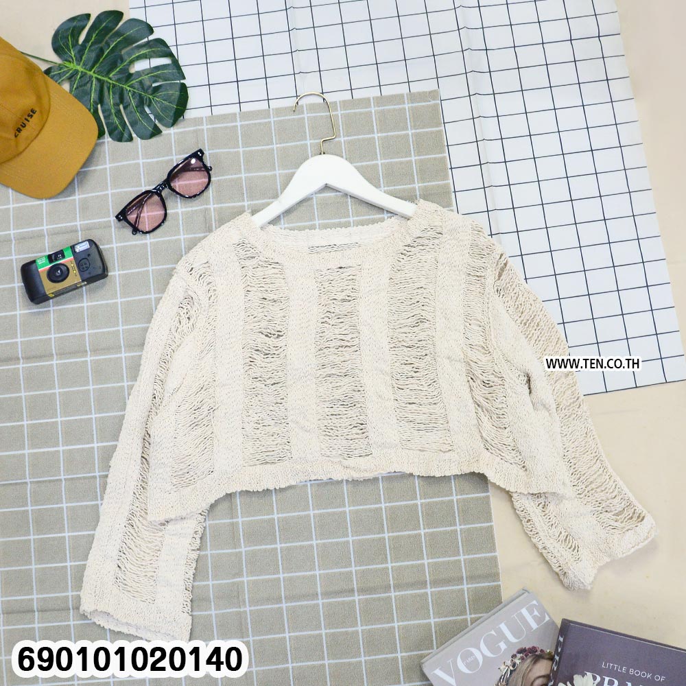 Sheer knit long sleeve top for summer in lightweight crochet texture, women’s breathable beach layering top for tropical and resort wear