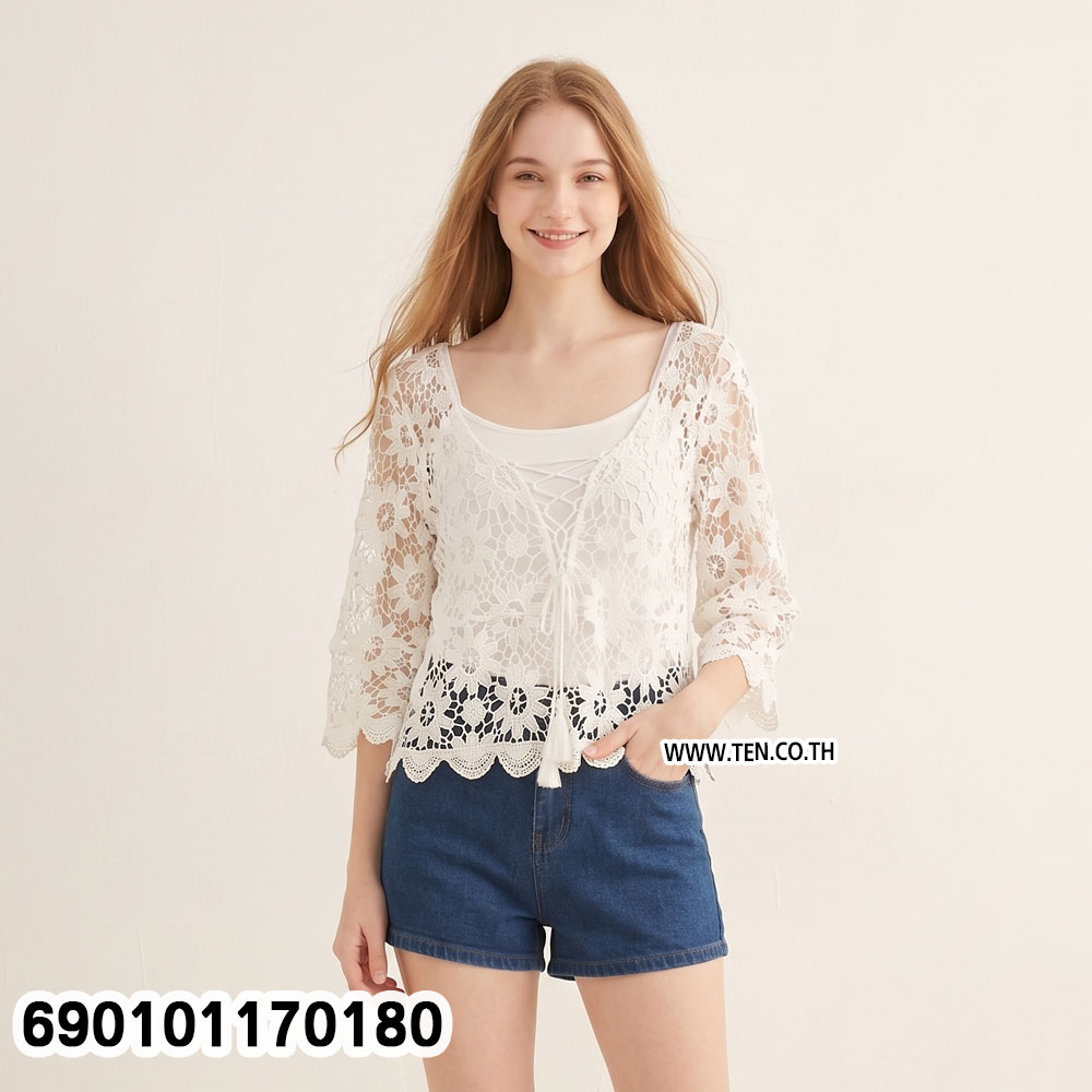 Floral Crochet Lace-Up Blouse เสื้อโครเชต์ลายดอกผูกเชือกหน้า-690101170180 - Image 2