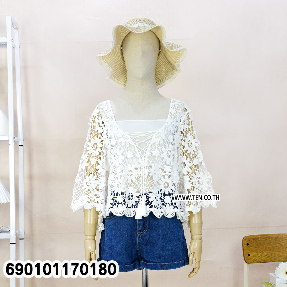 Floral Crochet Lace-Up Blouse เสื้อโครเชต์ลายดอกผูกเชือกหน้า-690101170180 - Image 5