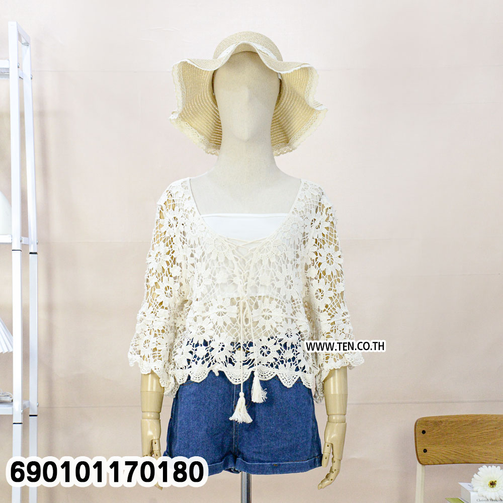 Floral Crochet Lace-Up Blouse เสื้อโครเชต์ลายดอกผูกเชือกหน้า-690101170180 - Image 4
