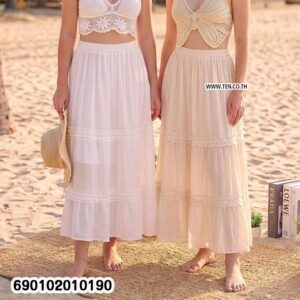 Ruffle trim maxi skirt for summer, women’s lightweight tiered long skirt with feminine resort wear style for beach and tropical outfits