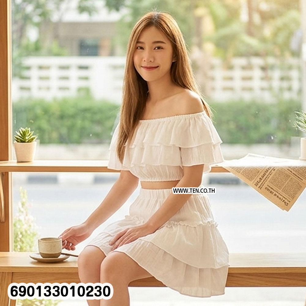 White Off-Shoulder Ruffle Skirt Set ชุดเซตเปิดไหล่สีขาวกระโปรงระบาย-690133010230 - Image 2