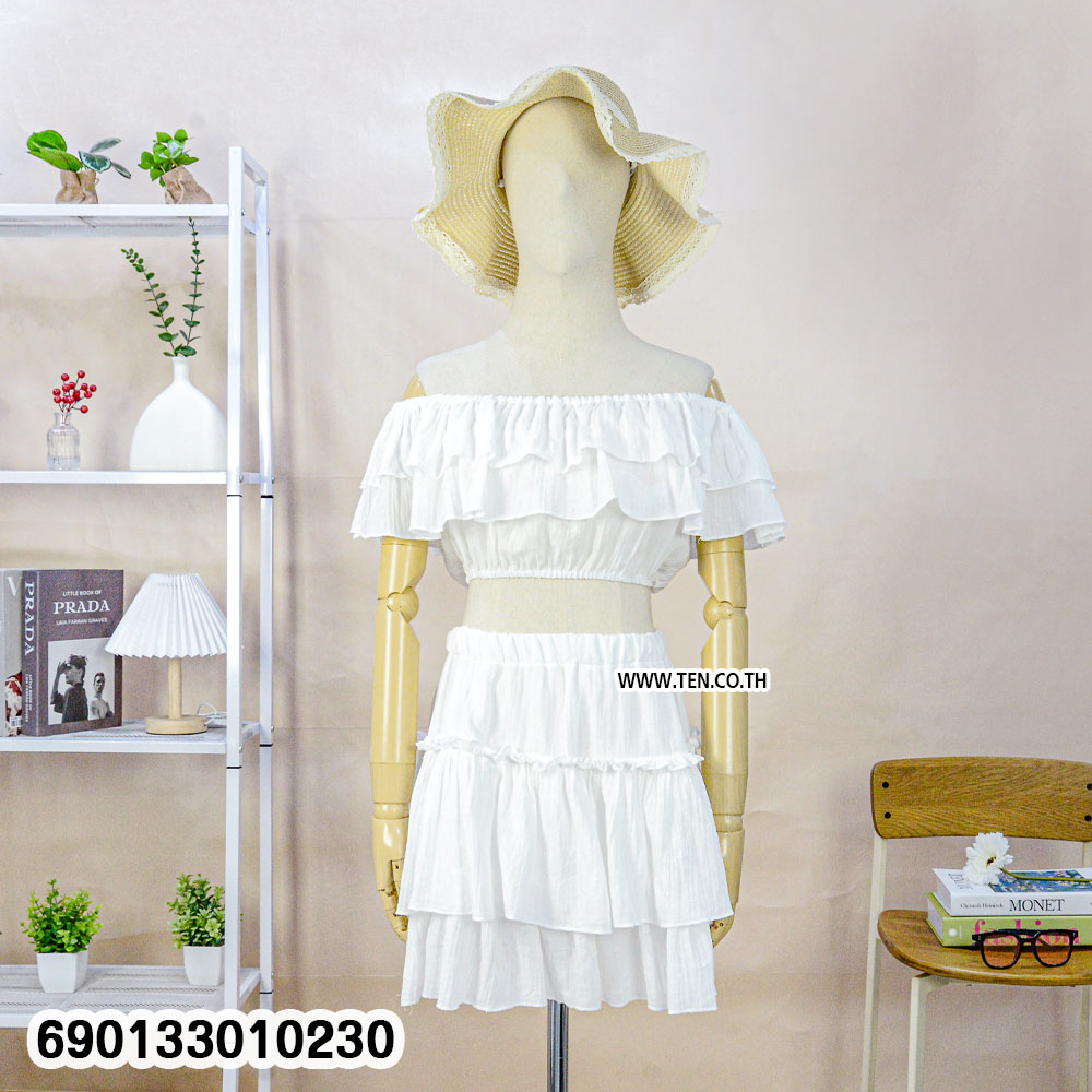 White Off-Shoulder Ruffle Skirt Set ชุดเซตเปิดไหล่สีขาวกระโปรงระบาย-690133010230 - Image 4
