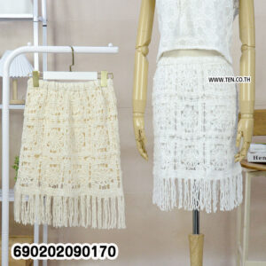 Granny Square Crochet Fringe Skirt-กระโปรงโครเชต์ลายตารางดอกไม้ แต่งชายครุย-690202090170