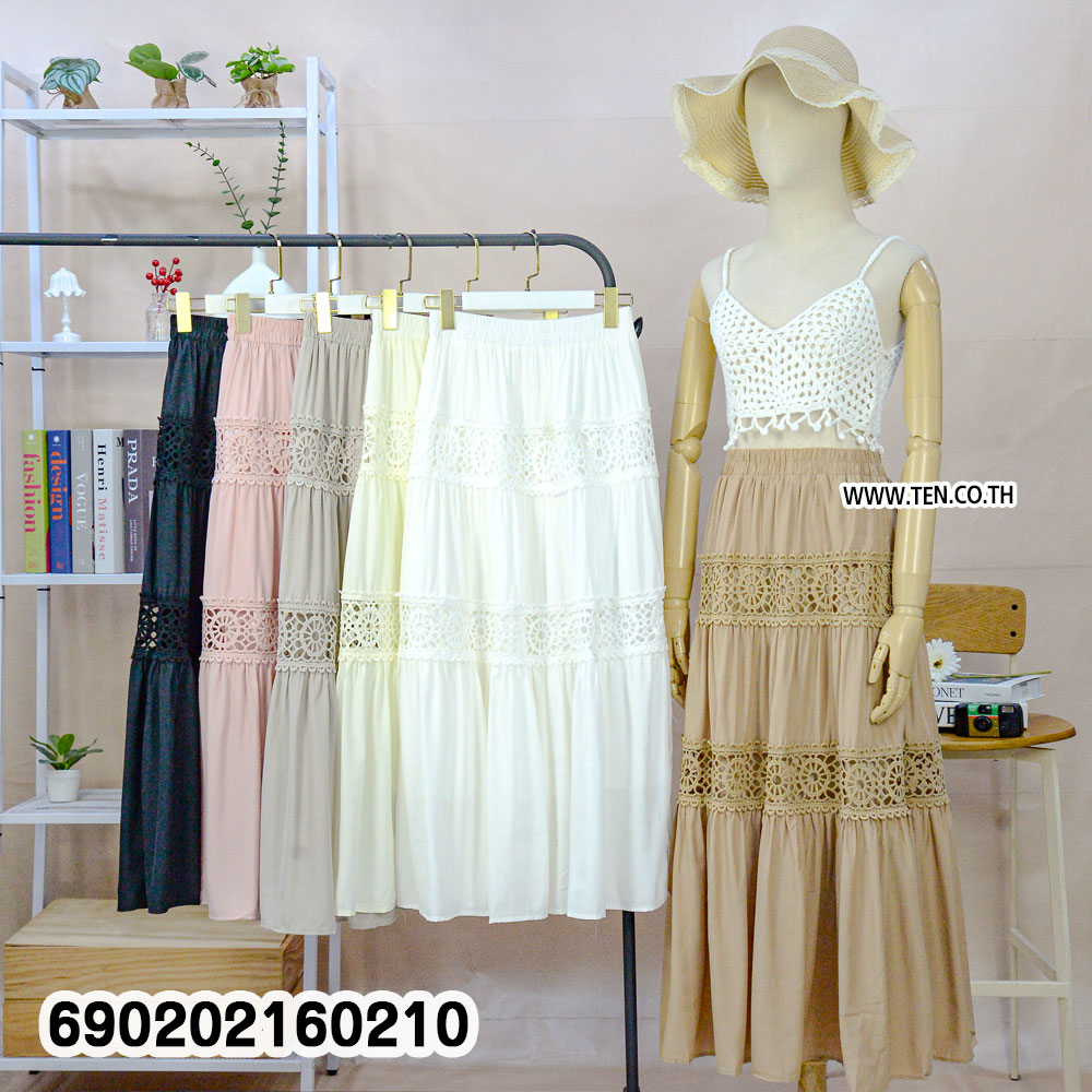 Bohemian Crochet Panel Maxi Skirt กระโปรงยาวแต่งแถบโครเชต์ สไตล์โบฮีเมียน-690202160210
