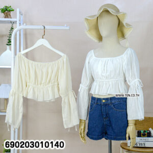 Korean Ruched Off-Shoulder Blouse เสื้อเปิดไหล่จับจีบ สไตล์เกาหลีแฟชั่นผู้หญิง – 690203010140