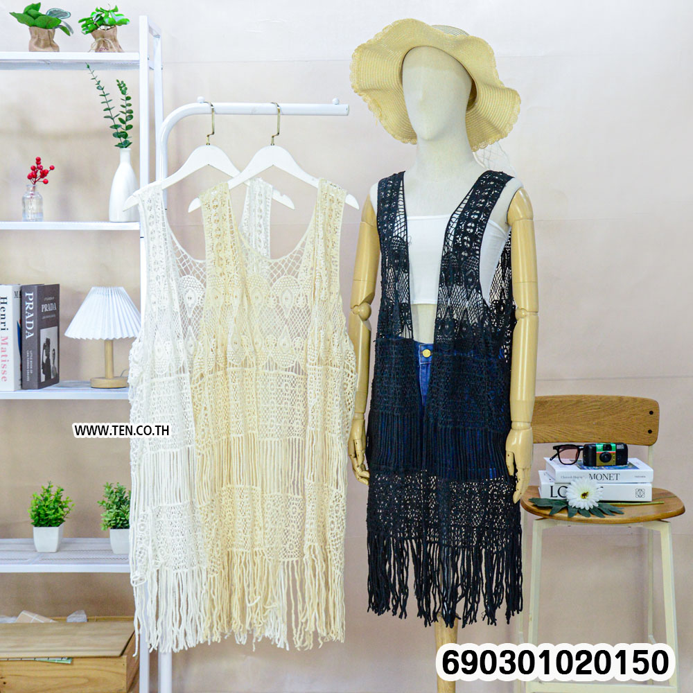 Crochet fringe layering vest women style with breathable handmade cotton texture and relaxed boho beachwear fit