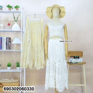 Vintage crochet cotton maxi skirt women style with breathable handmade lace texture and flowing resort silhouette