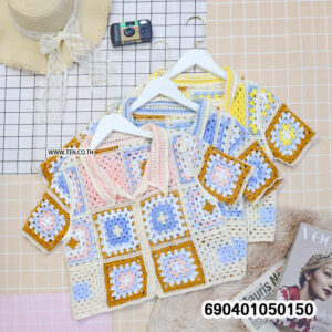 Free size granny square crochet shirt featuring colorful patchwork crochet squares, breathable cotton fabric, relaxed fit, short sleeves, and boho summer fashion style.