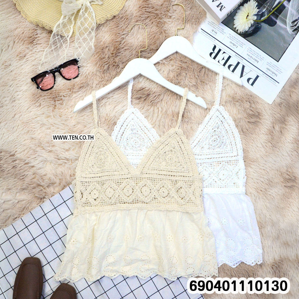 Women's cotton crochet cami top featuring crochet lace details, breathable cotton fabric, free size fit, lightweight silhouette, and feminine bohemian summer style.