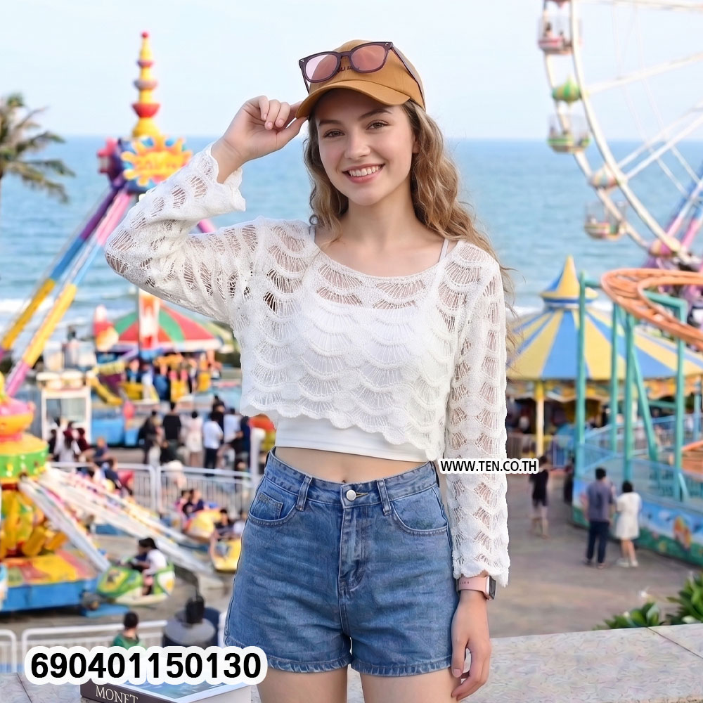 Beach Style Crochet Knit Crop Top เสื้อครอปไหมพรมถักโครเชต์สไตล์ชายหาด - 690401150130 - Image 2