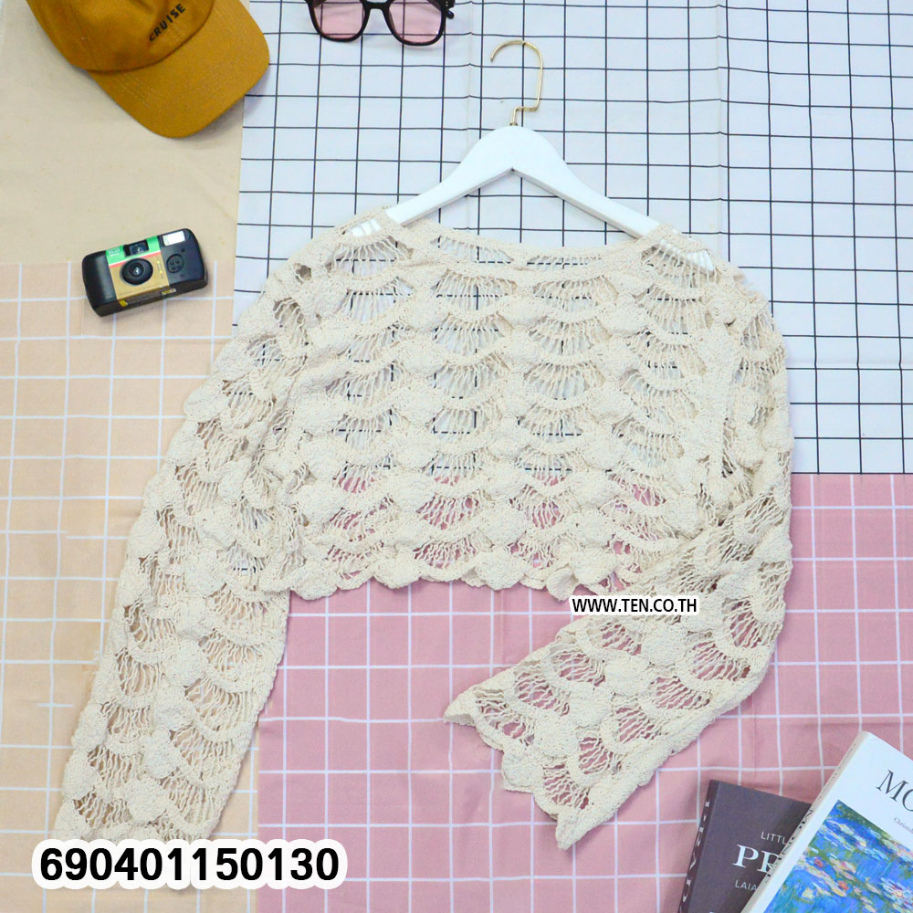 Beach Style Crochet Knit Crop Top เสื้อครอปไหมพรมถักโครเชต์สไตล์ชายหาด - 690401150130 - Image 5