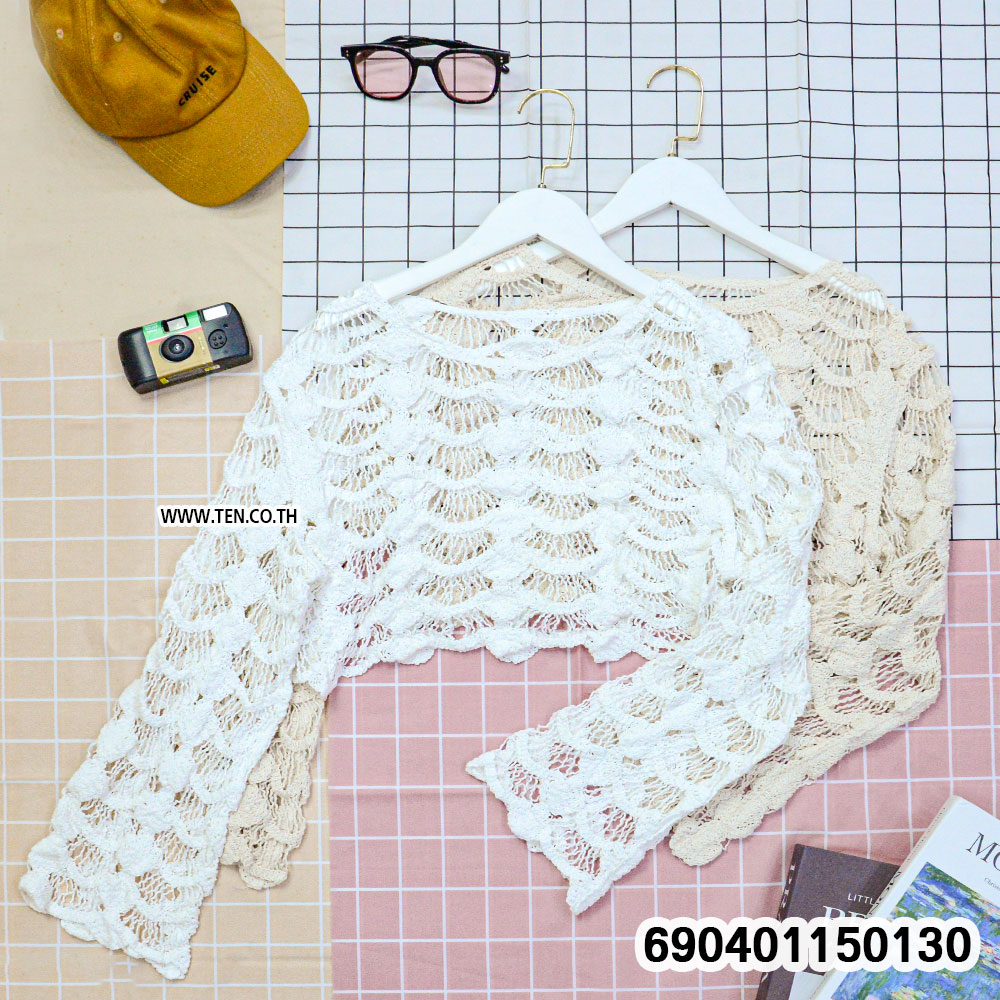 Beach Style Crochet Knit Crop Top เสื้อครอปไหมพรมถักโครเชต์สไตล์ชายหาด - 690401150130 - Image 3