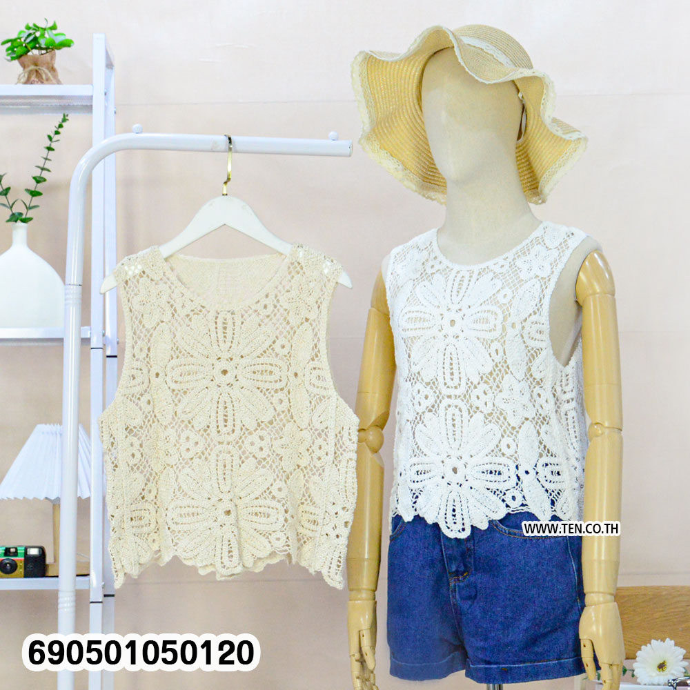 Round Neck Big Floral Crochet Sleeveless Top- 690501050120