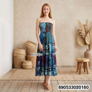 Boho patchwork smocked tube dress in mixed colors with free size cotton feel, relaxed fit and vacation resort aesthetic.