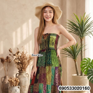 Boho patchwork smocked tube dress in mixed colors with free size cotton feel, relaxed fit and vacation resort aesthetic.