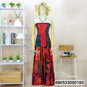 Boho patchwork smocked tube dress in mixed colors with free size cotton feel, relaxed fit and vacation resort aesthetic.