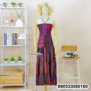Boho patchwork smocked tube dress in mixed colors with free size cotton feel, relaxed fit and vacation resort aesthetic.