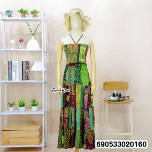 Boho patchwork smocked tube dress in mixed colors with free size cotton feel, relaxed fit and vacation resort aesthetic.