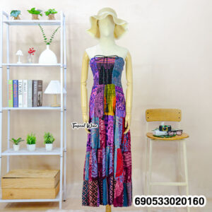 Boho patchwork smocked tube dress in mixed colors with free size cotton feel, relaxed fit and vacation resort aesthetic.