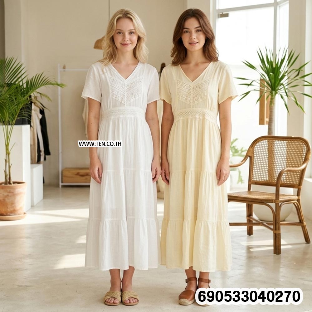 Minimalist V-Neck Lace-Panel Cotton Maxi Dress-690533040270