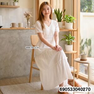 Alternative view of Minimalist V-Neck Lace-Panel Cotton Maxi Dress-690533040270