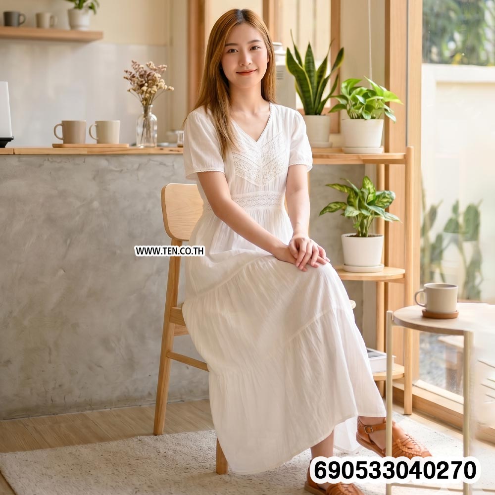 Minimalist V-Neck Lace-Panel Cotton Maxi Dress-690533040270 - Image 2