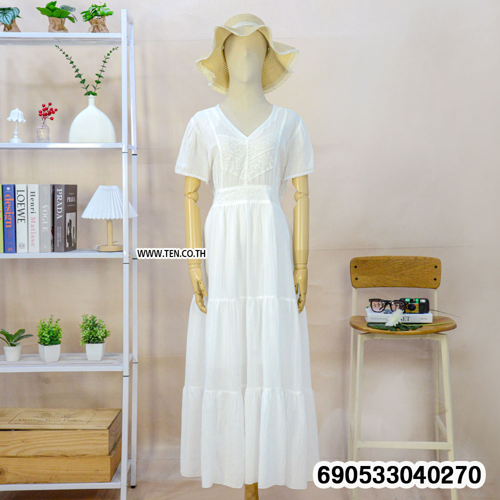 Minimalist V-Neck Lace-Panel Cotton Maxi Dress-690533040270 - Image 5