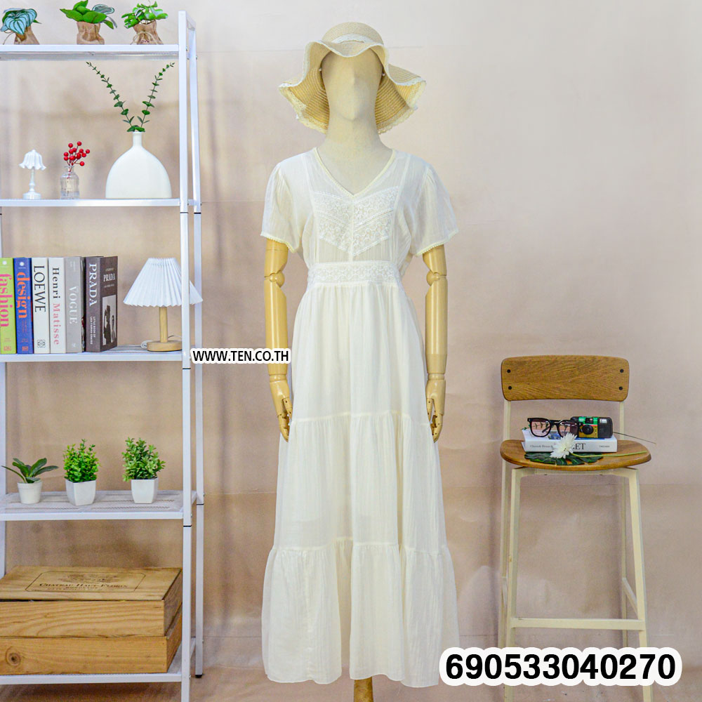 Minimalist V-Neck Lace-Panel Cotton Maxi Dress-690533040270 - Image 4