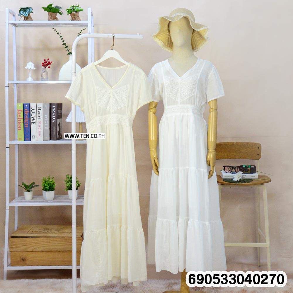 Minimalist V-Neck Lace-Panel Cotton Maxi Dress-690533040270 - Image 3