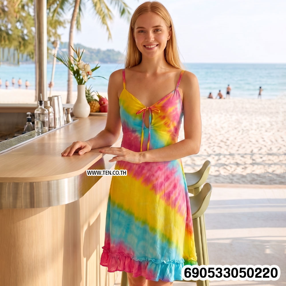 Pastel Rainbow Tie-Dye Cutout Backless Dress-มินิเดรสชายหาดสีพาสเทล เดรสแฟชั่นน่ารักๆ -690533050220