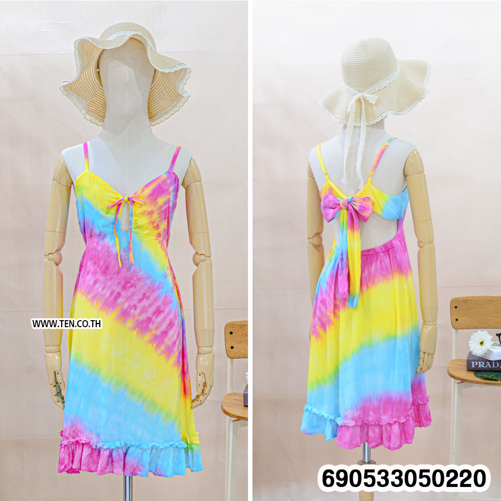 Pastel Rainbow Tie-Dye Cutout Backless Dress-มินิเดรสชายหาดสีพาสเทล เดรสแฟชั่นน่ารักๆ -690533050220 - Image 3