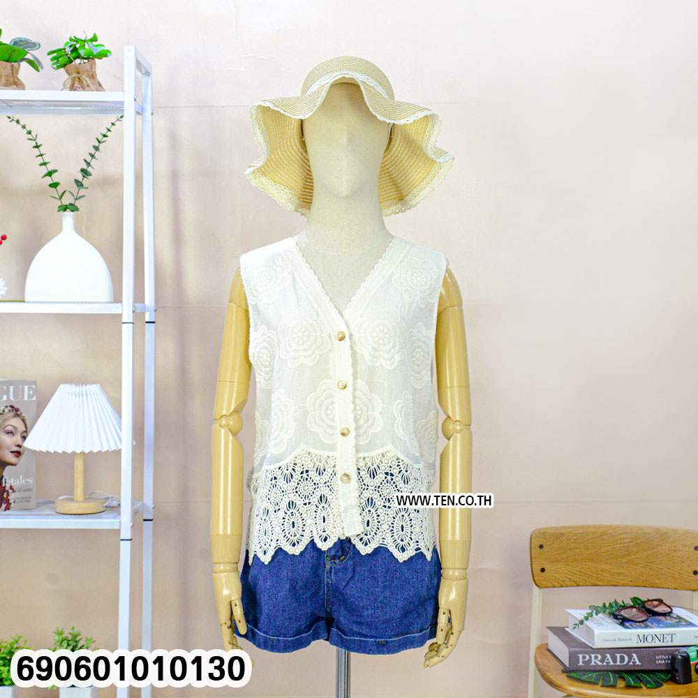 Women's Embroidered Floral Lace Button-Up Sleeveless Blouse เสื้อแขนกุดปักดอกลูกไม้ผู้หญิง กระดุมหน้า สไตล์หวาน - 690601010130 - Image 5