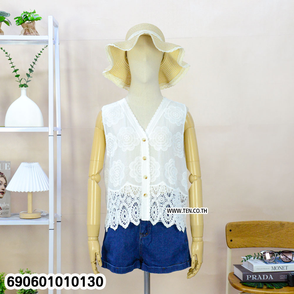 Women's Embroidered Floral Lace Button-Up Sleeveless Blouse เสื้อแขนกุดปักดอกลูกไม้ผู้หญิง กระดุมหน้า สไตล์หวาน - 690601010130 - Image 4