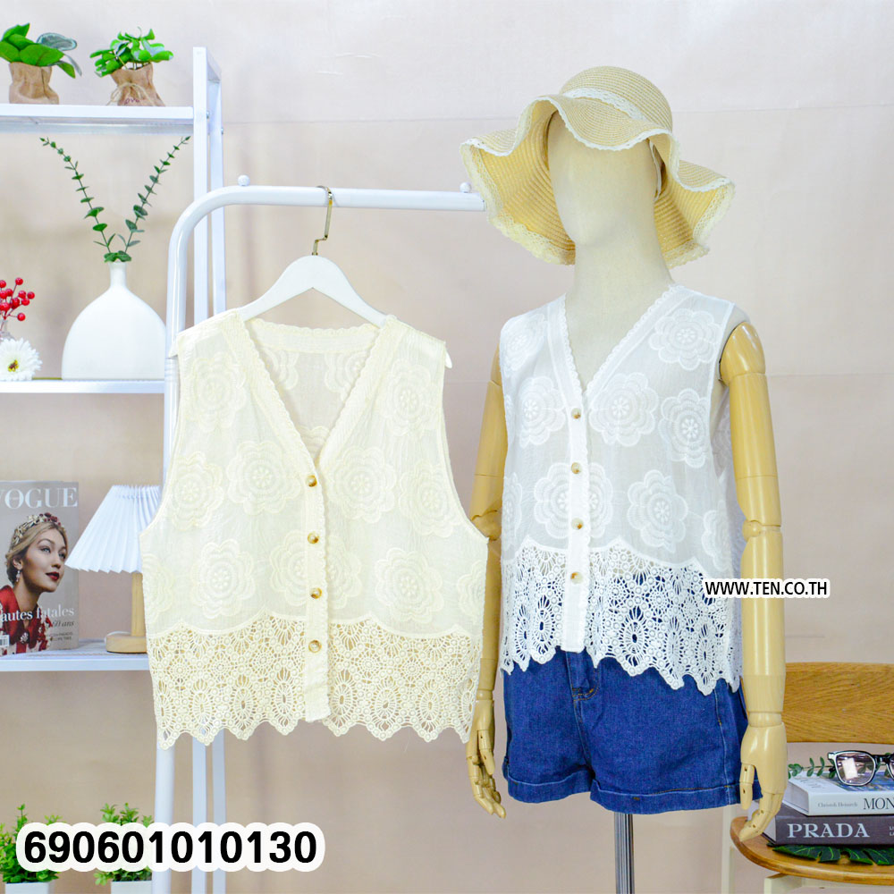 Women's Embroidered Floral Lace Button-Up Sleeveless Blouse เสื้อแขนกุดปักดอกลูกไม้ผู้หญิง กระดุมหน้า สไตล์หวาน - 690601010130 - Image 3