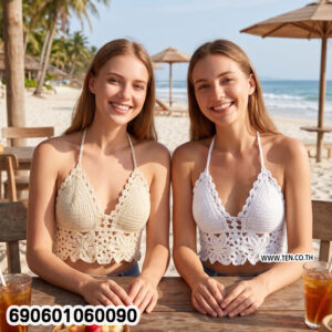 Crochet Knit Floral Crop Top Women's Bohemian Halter Top เสื้อครอปถักโครเชต์ลายดอก คอคล้อง สไตล์โบฮีเมียน - 690601060090