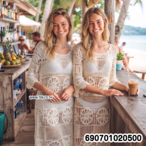 Crochet Hollow Out Long Knit Dress Women's Beach Cover-Up เดรสไหมพรมถักโปร่ง ยาว คลุมชุดว่ายน้ำ เดรสเที่ยวทะเล - 690701020500