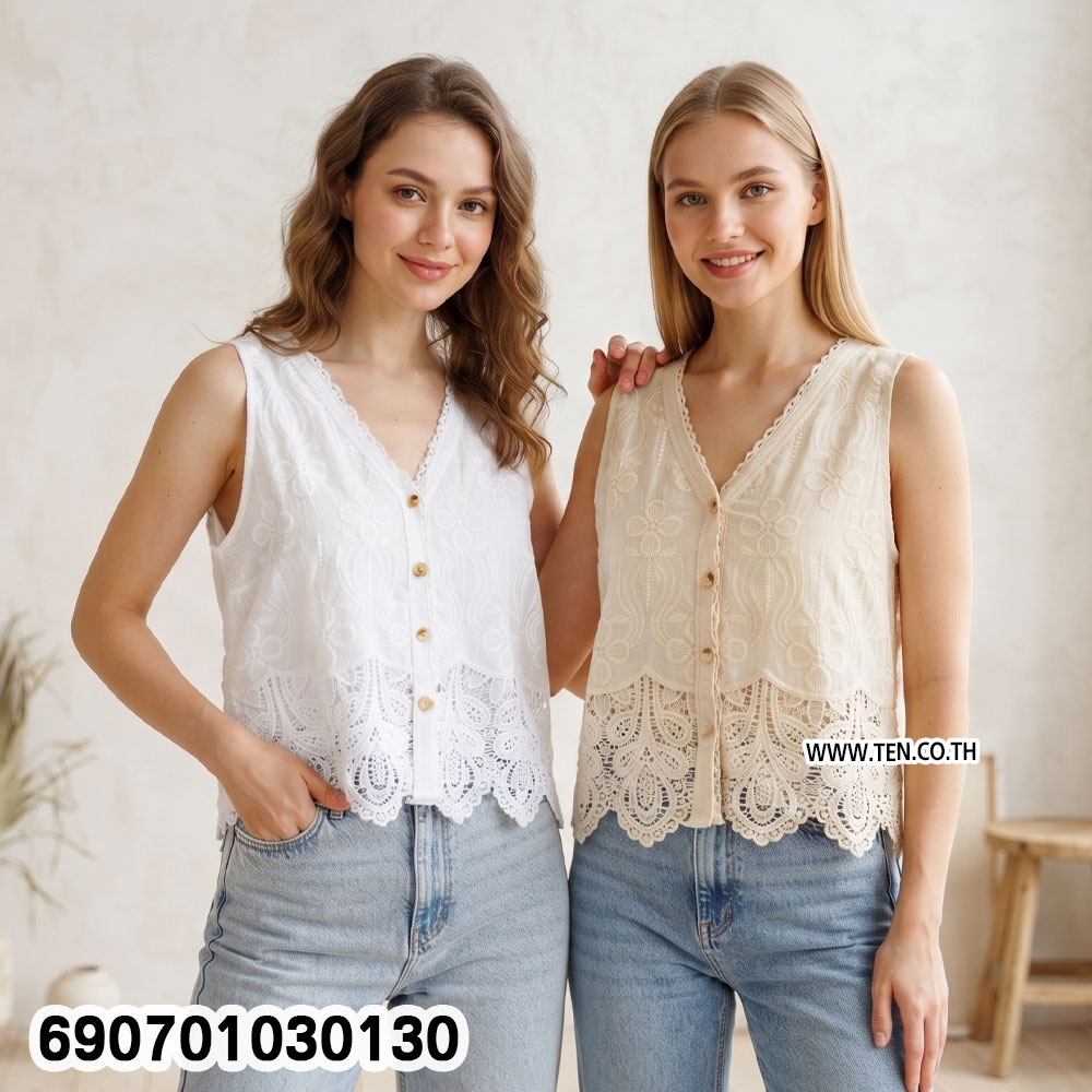 Sleeveless Cotton Lace Blouse Elegant Women's Top เสื้อแขนกุดแต่งลูกไม้ ดีไซน์เรียบหรู ใส่สบาย - 690701030130