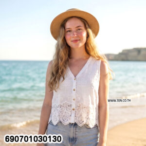 Alternative view of Sleeveless Cotton Lace Blouse Elegant Women's Top เสื้อแขนกุดแต่งลูกไม้ ดีไซน์เรียบหรู ใส่สบาย - 690701030130