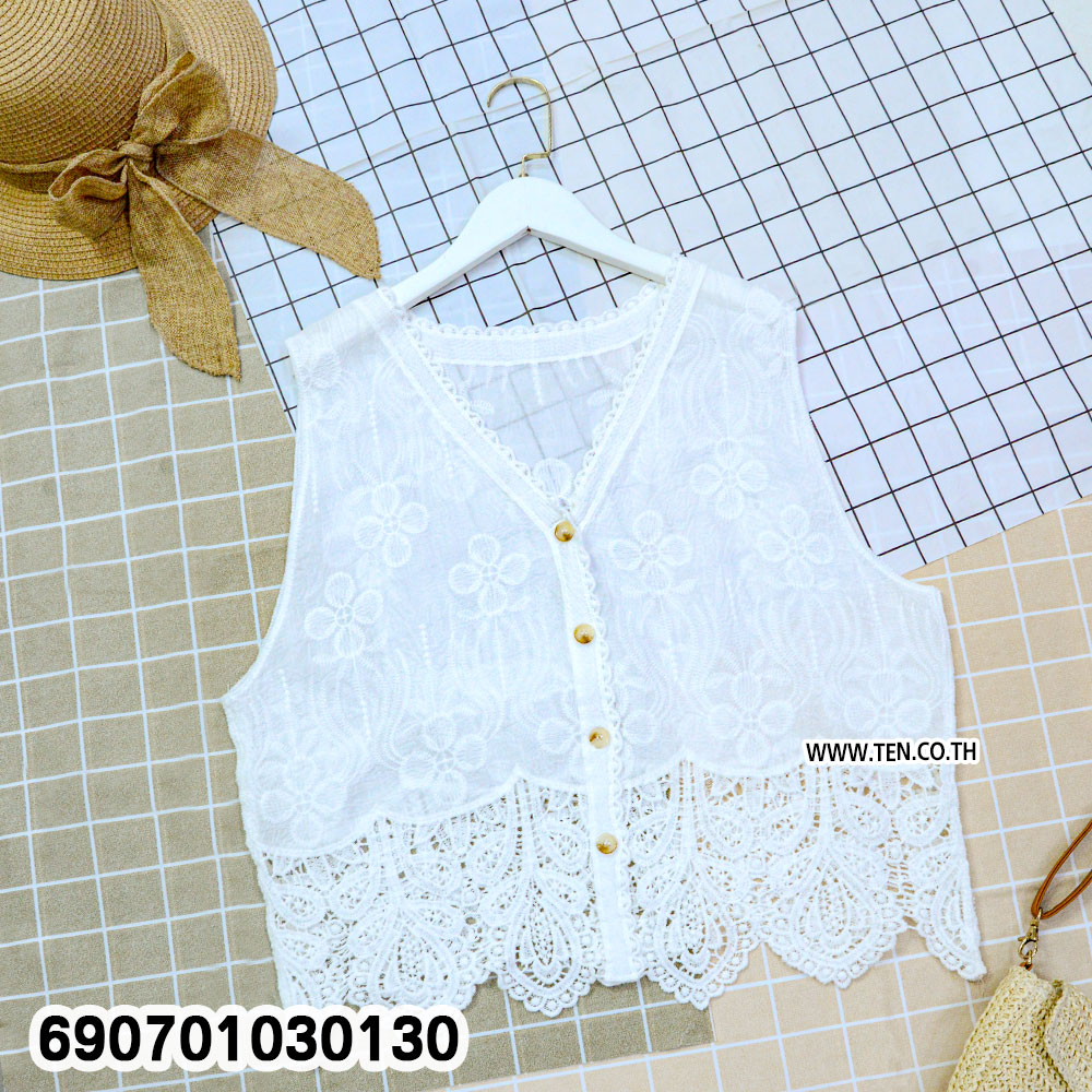 Sleeveless Cotton Lace Blouse Elegant Women's Top เสื้อแขนกุดแต่งลูกไม้ ดีไซน์เรียบหรู ใส่สบาย - 690701030130 - Image 5