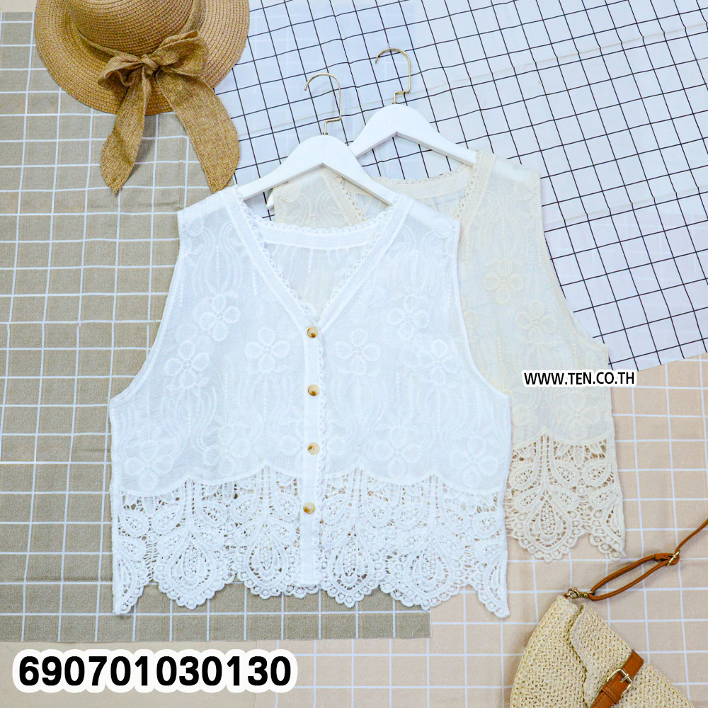 Sleeveless Cotton Lace Blouse Elegant Women's Top เสื้อแขนกุดแต่งลูกไม้ ดีไซน์เรียบหรู ใส่สบาย - 690701030130 - Image 3
