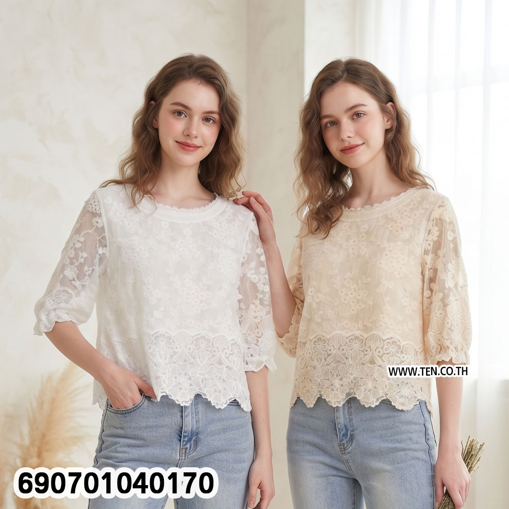 Elegant Sheer Lace Top Women's Floral Blouse เสื้อลูกไม้ซีทรูผู้หญิง ลายดอกไม้ สไตล์มินิมอล - 690701040170