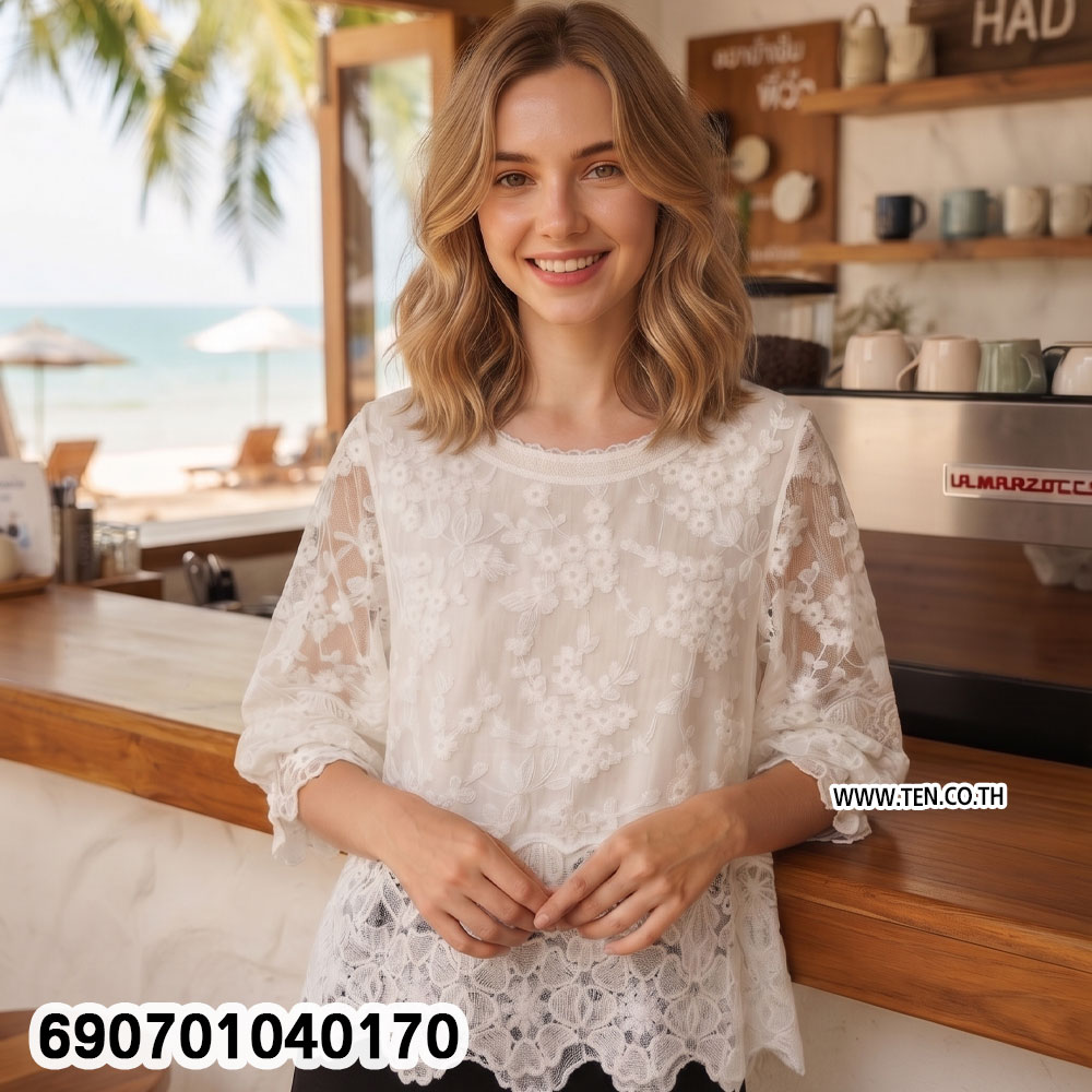 Elegant Sheer Lace Top Women's Floral Blouse เสื้อลูกไม้ซีทรูผู้หญิง ลายดอกไม้ สไตล์มินิมอล - 690701040170 - Image 2