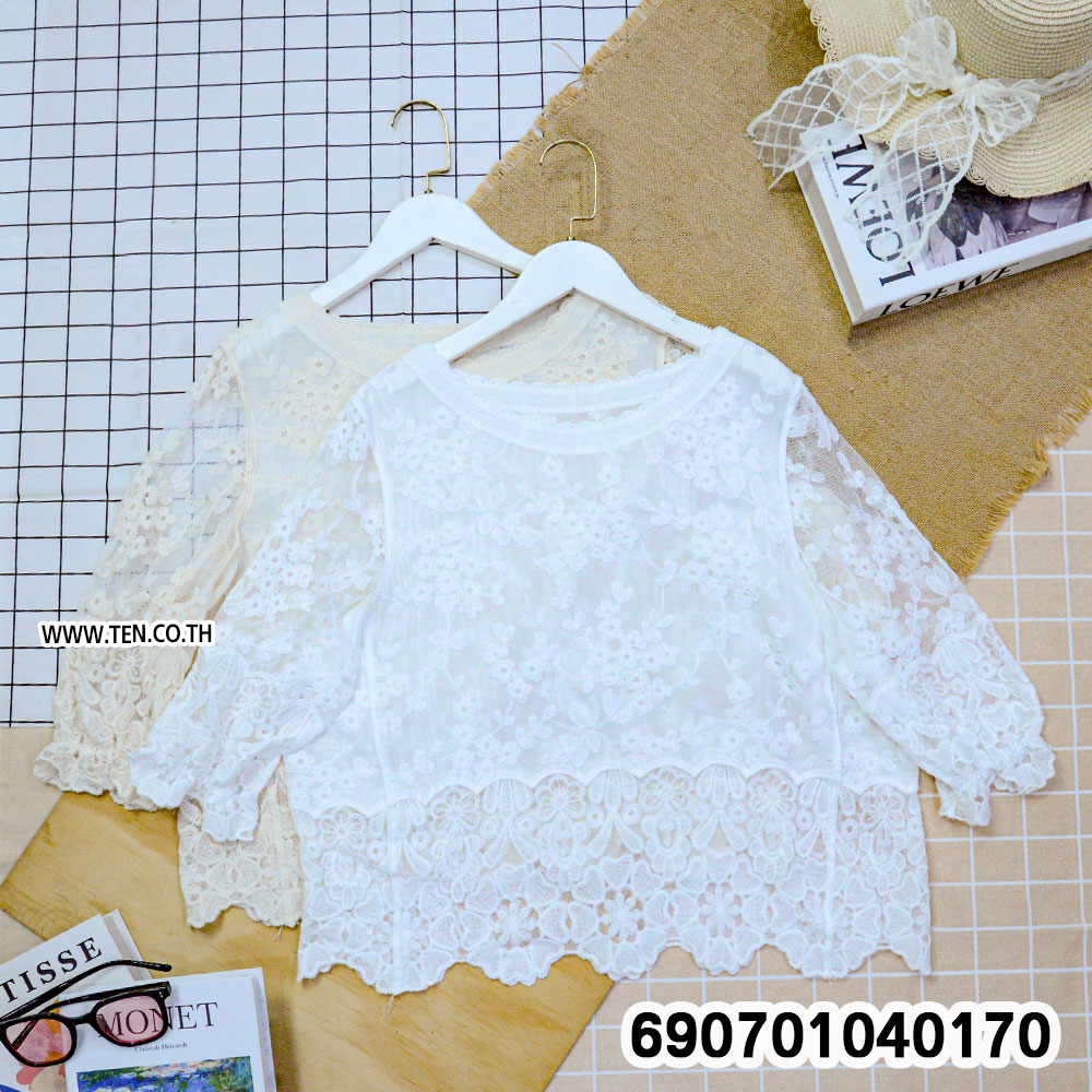 Elegant Sheer Lace Top Women's Floral Blouse เสื้อลูกไม้ซีทรูผู้หญิง ลายดอกไม้ สไตล์มินิมอล - 690701040170 - Image 3