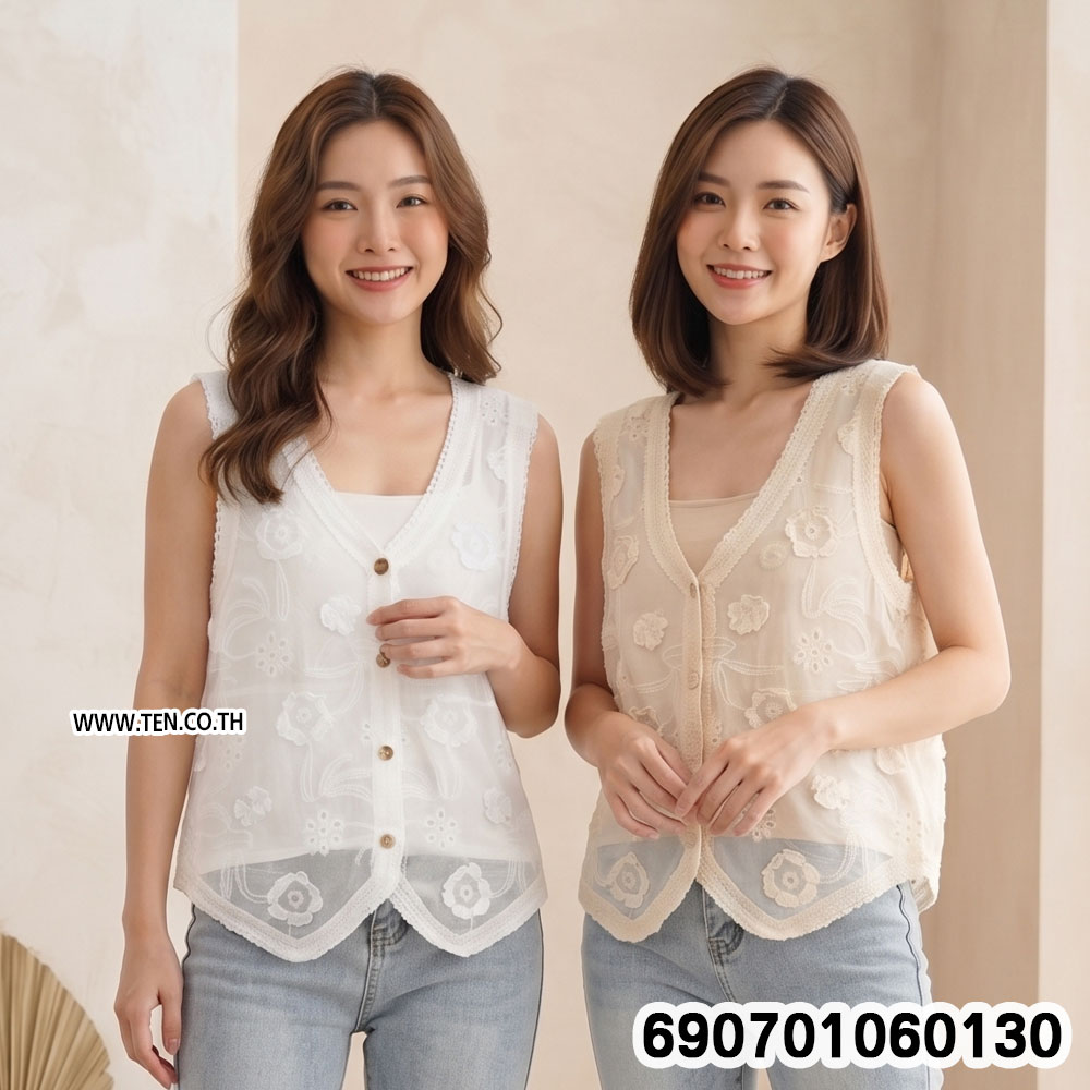 Lace Embroidered Vest Boho Sleeveless Cardigan เสื้อกั๊กลูกไม้ปักลายดอกไม้ สไตล์โบโฮ แขนกุด - 690701060130