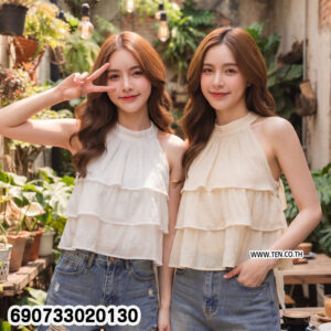 Tiered Ruffle Halter Top Elegant Women's Sleeveless Blouse เสื้อคอสูงระบายชั้น สไตล์มินิมอล เรียบหรู ใส่สบาย - 690733020130