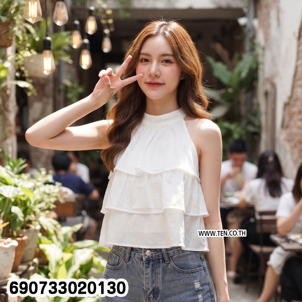 Tiered Ruffle Halter Top Elegant Women's Sleeveless Blouse เสื้อคอสูงระบายชั้น สไตล์มินิมอล เรียบหรู ใส่สบาย - 690733020130 - Image 2