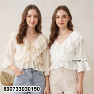 Feminine Ruffle Sleeve Blouse Casual Chic Top เสื้อแขนระบายผู้หญิง ลุคหวาน ใส่ได้ทุกวัน - 690733030150