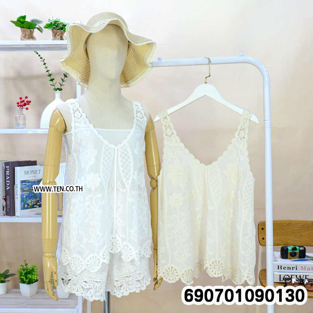 Floral Embroidered Lace Tank Top เสื้อสายเดี่ยวลูกไม้ปักดอกไม้ เสื้อผ้าฝ้ายสไตล์โบโฮ - 690701090130 - Image 3