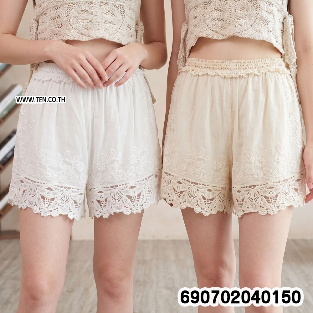White and beige cotton shorts with floral embroidery, lace-trim hems, and a 26–40 inch waist for soft summer outfits